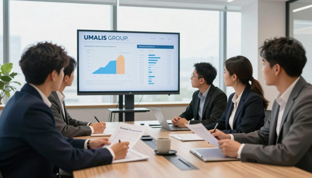 A modern office environment showcasing a professional meeting in progress. In the foreground, a diverse group of business professionals dressed in business attire are gathered around a sleek conference table, analyzing client invoices and financial documents. The middle ground features a large-screen monitor displaying charts and metrics related to client billing, prominently featuring the branding "UMALIS GROUP." In the background, large windows provide natural light to the space, enhancing the professional atmosphere. The lighting is bright and warm, creating an inviting and focused ambiance. The overall mood conveys professionalism and efficiency, emphasizing the concept of complete client invoicing management. A modern office environment showcasing a professional meeting in progress. In the foreground, a diverse group of business professionals dressed in business attire are gathered around a sleek conference table, analyzing client invoices and financial documents. The middle ground features a large-screen monitor displaying charts and metrics related to client billing, prominently featuring the branding "UMALIS GROUP." In the background, large windows provide natural light to the space, enhancing the professional atmosphere. The lighting is bright and warm, creating an inviting and focused ambiance. The overall mood conveys professionalism and efficiency, emphasizing the concept of complete client invoicing management.