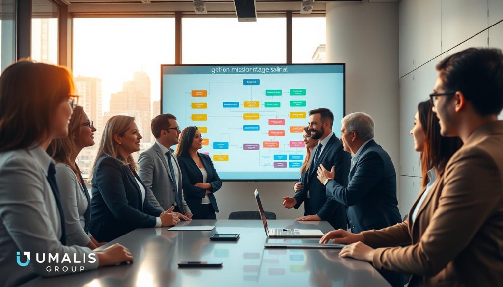 A modern office environment showcasing the "gestion missions portage salarial" theme. In the foreground, a diverse group of professionals, dressed in smart business attire, are engaged in animated discussion around a sleek conference table. In the middle ground, a large digital screen displays a flowchart related to mission management, with colorful icons representing client relationships and project workflows. The background features large windows letting in natural light, revealing a bustling cityscape outside. Soft, warm lighting enhances the professional atmosphere, creating a sense of collaboration and efficiency. Subtle branding for "UMALIS GROUP" is integrated into the scene, with a contemporary logo visible on a wall. The overall mood conveys productivity, teamwork, and strategic planning in the context of portage salarial. A modern office environment showcasing the "gestion missions portage salarial" theme. In the foreground, a diverse group of professionals, dressed in smart business attire, are engaged in animated discussion around a sleek conference table. In the middle ground, a large digital screen displays a flowchart related to mission management, with colorful icons representing client relationships and project workflows. The background features large windows letting in natural light, revealing a bustling cityscape outside. Soft, warm lighting enhances the professional atmosphere, creating a sense of collaboration and efficiency. Subtle branding for "UMALIS GROUP" is integrated into the scene, with a contemporary logo visible on a wall. The overall mood conveys productivity, teamwork, and strategic planning in the context of portage salarial.