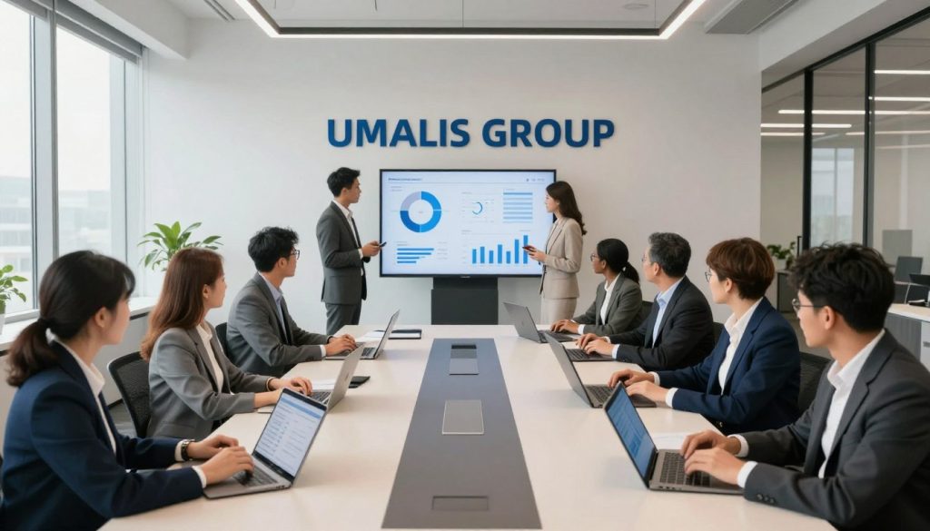 A modern, professional office space showcasing "UMALIS GROUP" prominently displayed in the background. In the foreground, diverse professionals in smart business attire are engaged with advanced digital tools, such as tablets and laptops, illustrating collaboration and productivity. The middle ground features a sleek conference table with interactive screens displaying charts and graphs, symbolizing effective management. Bright, natural light streams in through large windows, adding warmth and openness to the environment. The atmosphere is dynamic and focused, conveying innovation and support in the digital workspace. The composition should be shot at eye level with a wide-angle lens to capture the entire scene, emphasizing the blend of technology and teamwork in a contemporary office setting. A modern, professional office space showcasing "UMALIS GROUP" prominently displayed in the background. In the foreground, diverse professionals in smart business attire are engaged with advanced digital tools, such as tablets and laptops, illustrating collaboration and productivity. The middle ground features a sleek conference table with interactive screens displaying charts and graphs, symbolizing effective management. Bright, natural light streams in through large windows, adding warmth and openness to the environment. The atmosphere is dynamic and focused, conveying innovation and support in the digital workspace. The composition should be shot at eye level with a wide-angle lens to capture the entire scene, emphasizing the blend of technology and teamwork in a contemporary office setting.