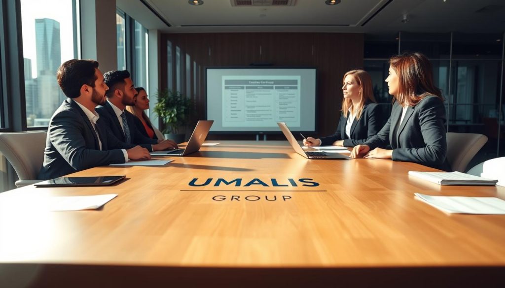 A professional business meeting scene showcasing a group of diverse legal professionals—two men and two women—dressed in smart business attire. The foreground features a well-designed conference table with documents, laptops, and a logo prominently displayed in the center: "UMALIS GROUP." In the middle ground, the professionals engage in serious discussions while examining criteria on a projected screen. The background includes modern office decor, large windows with city views, and warm, natural lighting casting soft shadows. The mood is focused and collaborative, reflecting the importance of selecting a suitable portage salarial company for legal professions. The camera angle is slightly elevated, capturing the interaction and ambiance clearly. A professional business meeting scene showcasing a group of diverse legal professionals—two men and two women—dressed in smart business attire. The foreground features a well-designed conference table with documents, laptops, and a logo prominently displayed in the center: "UMALIS GROUP." In the middle ground, the professionals engage in serious discussions while examining criteria on a projected screen. The background includes modern office decor, large windows with city views, and warm, natural lighting casting soft shadows. The mood is focused and collaborative, reflecting the importance of selecting a suitable portage salarial company for legal professions. The camera angle is slightly elevated, capturing the interaction and ambiance clearly.
