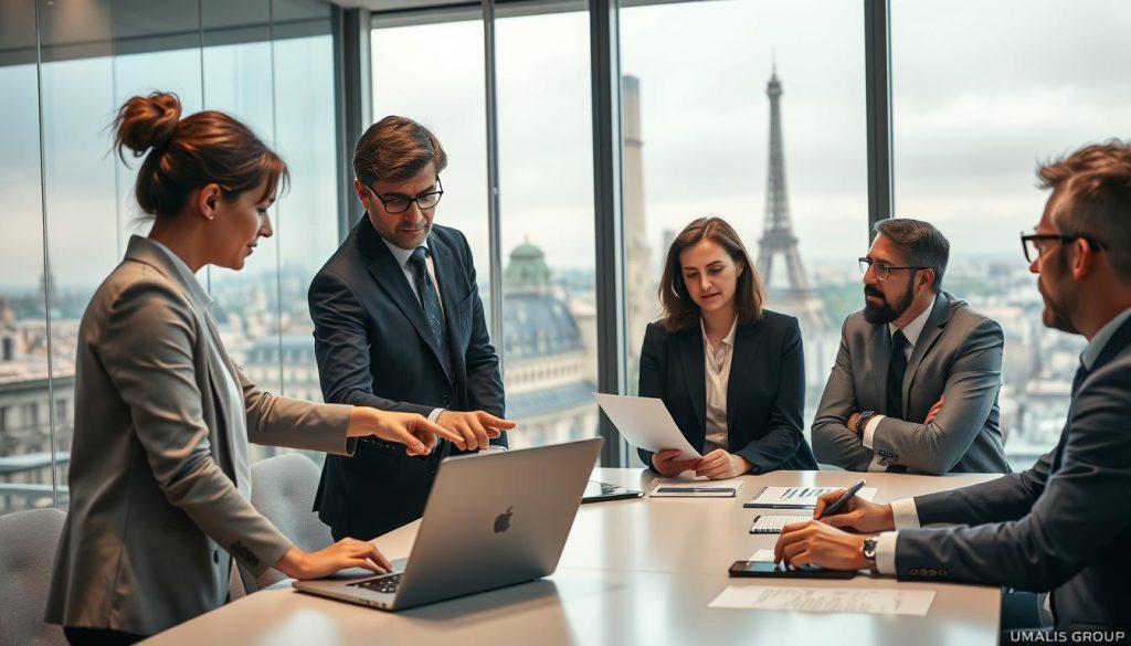 A professional business setting representing "portage salarial" in Paris, featuring a diverse group of business professionals in smart attire engaged in discussions around a modern conference table. In the foreground, a young woman points at a laptop screen displaying financial charts, while a middle-aged man takes notes. The middle ground shows another two professionals deep in conversation, with a large window revealing a view of the iconic Paris skyline, including the Eiffel Tower. The background features contemporary office design, subtle lighting casting a warm, professional atmosphere. The brand name "UMALIS GROUP" is subtly integrated into the office space decor. The image conveys collaboration and innovation in the realm of business services in Île-de-France. A professional business setting representing "portage salarial" in Paris, featuring a diverse group of business professionals in smart attire engaged in discussions around a modern conference table. In the foreground, a young woman points at a laptop screen displaying financial charts, while a middle-aged man takes notes. The middle ground shows another two professionals deep in conversation, with a large window revealing a view of the iconic Paris skyline, including the Eiffel Tower. The background features contemporary office design, subtle lighting casting a warm, professional atmosphere. The brand name "UMALIS GROUP" is subtly integrated into the office space decor. The image conveys collaboration and innovation in the realm of business services in Île-de-France.