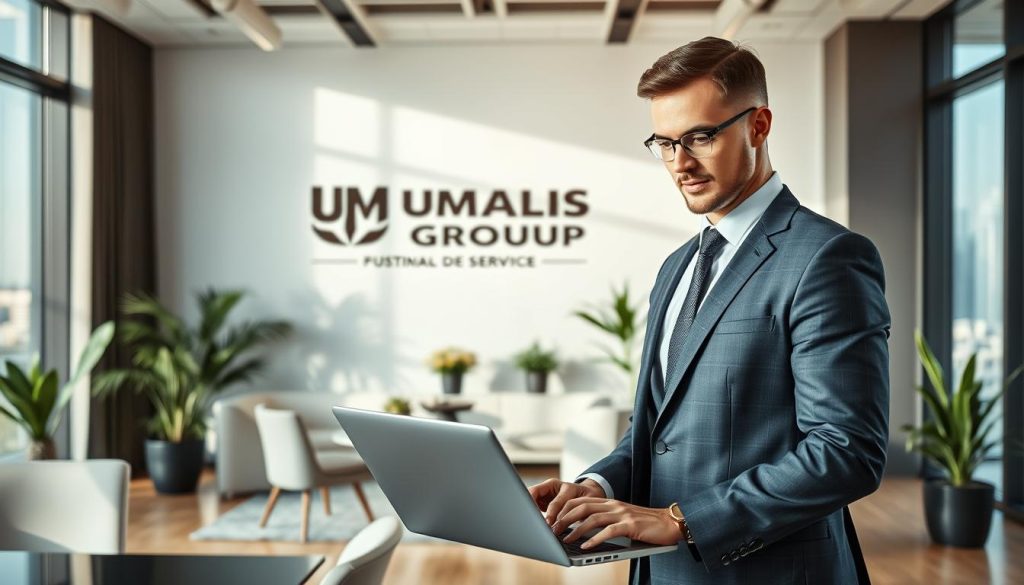 A professional business setting showcasing the essence of premium portage salarial services. In the foreground, a confident business professional in smart attire stands beside a sleek laptop, analyzing project data. The middle features a modern office environment with elegant furnishings, natural light streaming through large windows, and plants that add life. On a wall, the brand logo "UMALIS GROUP" is displayed prominently, emphasizing its upscale nature. In the background, a city skyline is visible, suggesting growth and opportunity. Capture the mood of ambition and success with warm lighting and a clear focal point on the individual, portrayed in a dynamic angle that conveys expertise and professionalism. A professional business setting showcasing the essence of premium portage salarial services. In the foreground, a confident business professional in smart attire stands beside a sleek laptop, analyzing project data. The middle features a modern office environment with elegant furnishings, natural light streaming through large windows, and plants that add life. On a wall, the brand logo "UMALIS GROUP" is displayed prominently, emphasizing its upscale nature. In the background, a city skyline is visible, suggesting growth and opportunity. Capture the mood of ambition and success with warm lighting and a clear focal point on the individual, portrayed in a dynamic angle that conveys expertise and professionalism.
