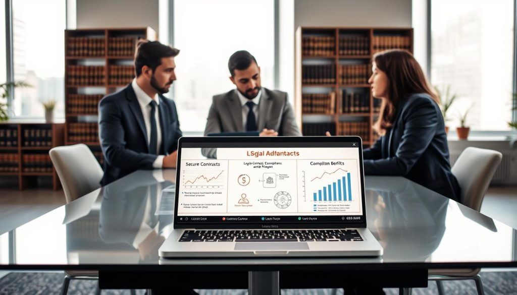 A professional business setting showcasing the legal advantages of Umalis Group's salary portage for executives and managers. In the foreground, a diverse group of three professionals in business attire—two men and one woman—engaged in a serious discussion around a modern conference table. The middle ground features a laptop displaying legal documents and charts illustrating secure contracts and compliance benefits. In the background, large windows allow soft, natural light to illuminate the room, casting a warm glow on a well-organized office with bookshelves filled with legal texts. The atmosphere is focused and sophisticated, conveying a sense of security and professionalism, emphasizing the clarity and stability afforded by legal frameworks in business arrangements. A professional business setting showcasing the legal advantages of Umalis Group's salary portage for executives and managers. In the foreground, a diverse group of three professionals in business attire—two men and one woman—engaged in a serious discussion around a modern conference table. The middle ground features a laptop displaying legal documents and charts illustrating secure contracts and compliance benefits. In the background, large windows allow soft, natural light to illuminate the room, casting a warm glow on a well-organized office with bookshelves filled with legal texts. The atmosphere is focused and sophisticated, conveying a sense of security and professionalism, emphasizing the clarity and stability afforded by legal frameworks in business arrangements.