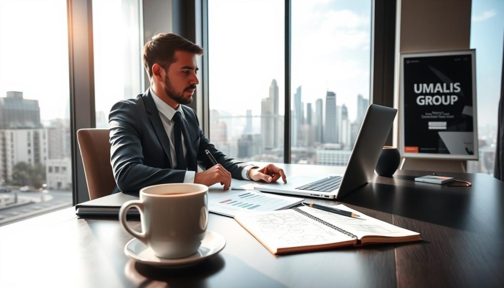 A professional consultant in business attire, sitting at a modern desk, with a laptop open and notes spread out, actively engaging in a virtual meeting. In the foreground, a coffee cup and a notepad filled with ideas reflect the start of a consulting journey. In the middle, a large window with natural light streaming in, showcasing a vibrant city skyline, symbolizing growth and opportunity. In the background, a motivational poster featuring the brand name "UMALIS GROUP" is prominently displayed. The mood is positive and aspirational, suggesting focus and determination. The lighting is bright and inviting, enhancing the sense of a productive workspace. Capture the scene from a slightly elevated angle to emphasize the consultant's engagement and the dynamic environment around them. A professional consultant in business attire, sitting at a modern desk, with a laptop open and notes spread out, actively engaging in a virtual meeting. In the foreground, a coffee cup and a notepad filled with ideas reflect the start of a consulting journey. In the middle, a large window with natural light streaming in, showcasing a vibrant city skyline, symbolizing growth and opportunity. In the background, a motivational poster featuring the brand name "UMALIS GROUP" is prominently displayed. The mood is positive and aspirational, suggesting focus and determination. The lighting is bright and inviting, enhancing the sense of a productive workspace. Capture the scene from a slightly elevated angle to emphasize the consultant's engagement and the dynamic environment around them.