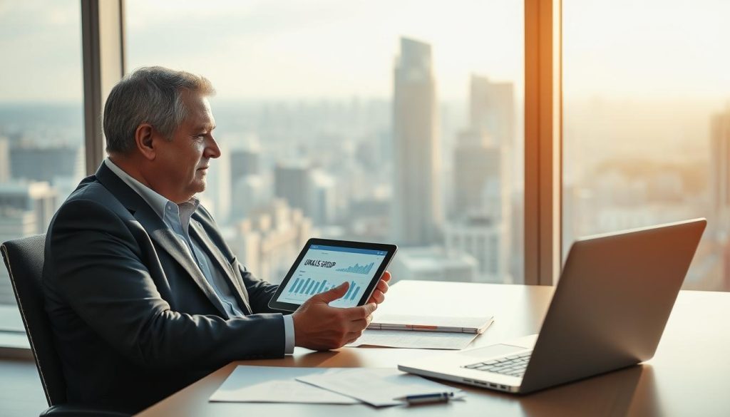 A professional consultant sitting at a modern desk, engaged in a discussion about ERP SAP solutions. The consultant, a middle-aged individual in smart business attire, holds a tablet showing data charts. In the background, a large window reveals a bustling city skyline, symbolizing growth and opportunity. Soft, natural lighting streams through, creating a warm yet focused atmosphere. On the desk, alongside the tablet, there are neatly arranged documents and a laptop, signifying efficient administrative management. Include a subtle logo of "UMALIS GROUP" on the tablet screen. The overall mood conveys professionalism, clarity, and optimism, reflecting the advantages of working as an ERP SAP consultant in a simplified administrative and legal setting. A professional consultant sitting at a modern desk, engaged in a discussion about ERP SAP solutions. The consultant, a middle-aged individual in smart business attire, holds a tablet showing data charts. In the background, a large window reveals a bustling city skyline, symbolizing growth and opportunity. Soft, natural lighting streams through, creating a warm yet focused atmosphere. On the desk, alongside the tablet, there are neatly arranged documents and a laptop, signifying efficient administrative management. Include a subtle logo of "UMALIS GROUP" on the tablet screen. The overall mood conveys professionalism, clarity, and optimism, reflecting the advantages of working as an ERP SAP consultant in a simplified administrative and legal setting.