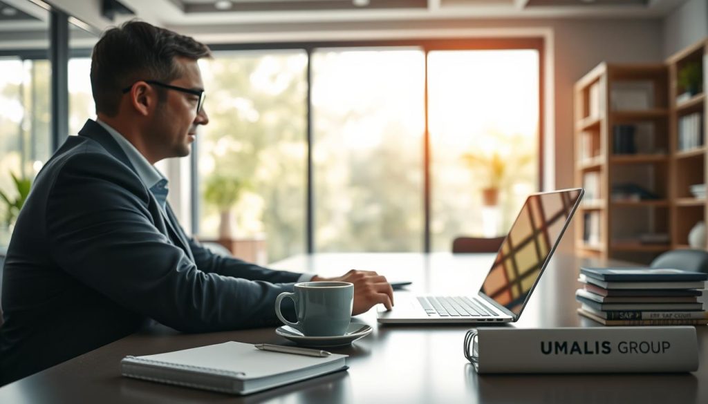 A professional consultant sitting at a modern desk, engaged in a video conference discussing ERP SAP solutions, dressed in smart business attire. The foreground features a sleek laptop displaying an ERP interface, with a cup of coffee beside it. In the middle ground, shelves display books on business management and technology. The background shows a bright office environment with large windows allowing natural light to flood in, accentuating the professional atmosphere. Soft-focus greenery is visible outside, creating a calm ambiance. The lighting is warm and inviting, emphasizing the consultant's focus and professionalism. The logo "UMALIS GROUP" is subtly visible on a notebook on the desk. The overall mood is one of productivity and expertise, conveying the essence of ERP SAP consultancy. A professional consultant sitting at a modern desk, engaged in a video conference discussing ERP SAP solutions, dressed in smart business attire. The foreground features a sleek laptop displaying an ERP interface, with a cup of coffee beside it. In the middle ground, shelves display books on business management and technology. The background shows a bright office environment with large windows allowing natural light to flood in, accentuating the professional atmosphere. Soft-focus greenery is visible outside, creating a calm ambiance. The lighting is warm and inviting, emphasizing the consultant's focus and professionalism. The logo "UMALIS GROUP" is subtly visible on a notebook on the desk. The overall mood is one of productivity and expertise, conveying the essence of ERP SAP consultancy.