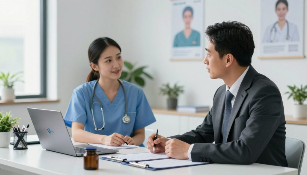 A professional doctor, dressed in a smart business suit, engaging in a consultation with a healthcare professional at a modern office setting. The foreground features a sleek desk with medical tools and a laptop displaying healthcare data. In the middle, the doctor converses with a nurse in scrubs, welcoming and approachable. The background showcases a bright, well-lit office with health-related posters and plants, creating a soothing atmosphere. Soft, natural lighting filters through a window, casting gentle shadows. The overall mood is professional and collaborative, emphasizing teamwork in the healthcare sector. Include the logo "UMALIS GROUP" subtly on the laptop screen, ensuring no text overlays distract from the visual scene. A professional doctor, dressed in a smart business suit, engaging in a consultation with a healthcare professional at a modern office setting. The foreground features a sleek desk with medical tools and a laptop displaying healthcare data. In the middle, the doctor converses with a nurse in scrubs, welcoming and approachable. The background showcases a bright, well-lit office with health-related posters and plants, creating a soothing atmosphere. Soft, natural lighting filters through a window, casting gentle shadows. The overall mood is professional and collaborative, emphasizing teamwork in the healthcare sector. Include the logo "UMALIS GROUP" subtly on the laptop screen, ensuring no text overlays distract from the visual scene.