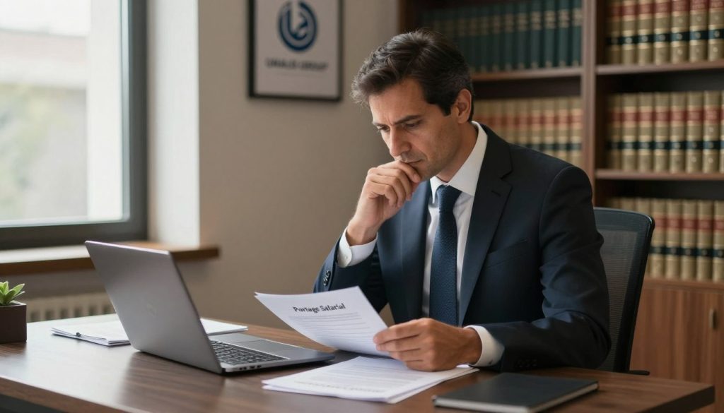 A professional lawyer in a smart business suit, sitting at a modern desk with papers and a laptop, deeply engaged in thought. The foreground shows the lawyer, a middle-aged person with short dark hair, focused on a document titled "Portage Salarial" that lies on the desk. In the middle ground, a window with natural light streaming in illuminates the workspace, highlighting a framed picture of the "UMALIS GROUP" logo on the wall. The background includes shelves filled with law books, creating a scholarly atmosphere. The lighting is warm and inviting, conveying a sense of professionalism and contemplation. The mood is serious yet hopeful, reflecting the complexities and constraints faced in the legal profession regarding portage salarial. A professional lawyer in a smart business suit, sitting at a modern desk with papers and a laptop, deeply engaged in thought. The foreground shows the lawyer, a middle-aged person with short dark hair, focused on a document titled "Portage Salarial" that lies on the desk. In the middle ground, a window with natural light streaming in illuminates the workspace, highlighting a framed picture of the "UMALIS GROUP" logo on the wall. The background includes shelves filled with law books, creating a scholarly atmosphere. The lighting is warm and inviting, conveying a sense of professionalism and contemplation. The mood is serious yet hopeful, reflecting the complexities and constraints faced in the legal profession regarding portage salarial.