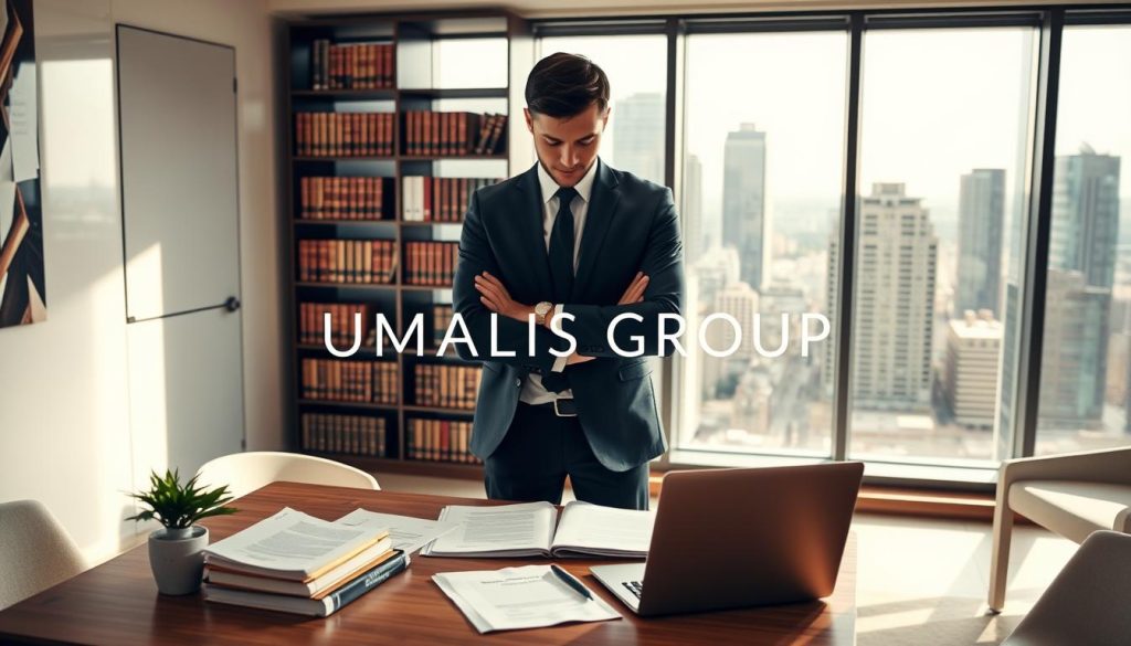 A professional legal consultant stands in a modern office setting, engrossed in work with legal documents and a laptop. The foreground features a well-organized desk with legal briefs and a small plant for a touch of greenery. In the middle ground, a large window reveals a bustling cityscape, symbolizing independence and opportunity for legal professionals. The background showcases a sleek bookshelf filled with law books, enhancing the atmosphere of expertise and professionalism. Soft, natural lighting filters in, creating a warm yet sophisticated mood. The consultant, dressed in smart business attire, exudes confidence and determination, reflecting the essence of "juriste portage missions juridiques". Integrate the brand name "UMALIS GROUP" subtly in the design elements of the scene. A professional legal consultant stands in a modern office setting, engrossed in work with legal documents and a laptop. The foreground features a well-organized desk with legal briefs and a small plant for a touch of greenery. In the middle ground, a large window reveals a bustling cityscape, symbolizing independence and opportunity for legal professionals. The background showcases a sleek bookshelf filled with law books, enhancing the atmosphere of expertise and professionalism. Soft, natural lighting filters in, creating a warm yet sophisticated mood. The consultant, dressed in smart business attire, exudes confidence and determination, reflecting the essence of "juriste portage missions juridiques". Integrate the brand name "UMALIS GROUP" subtly in the design elements of the scene.