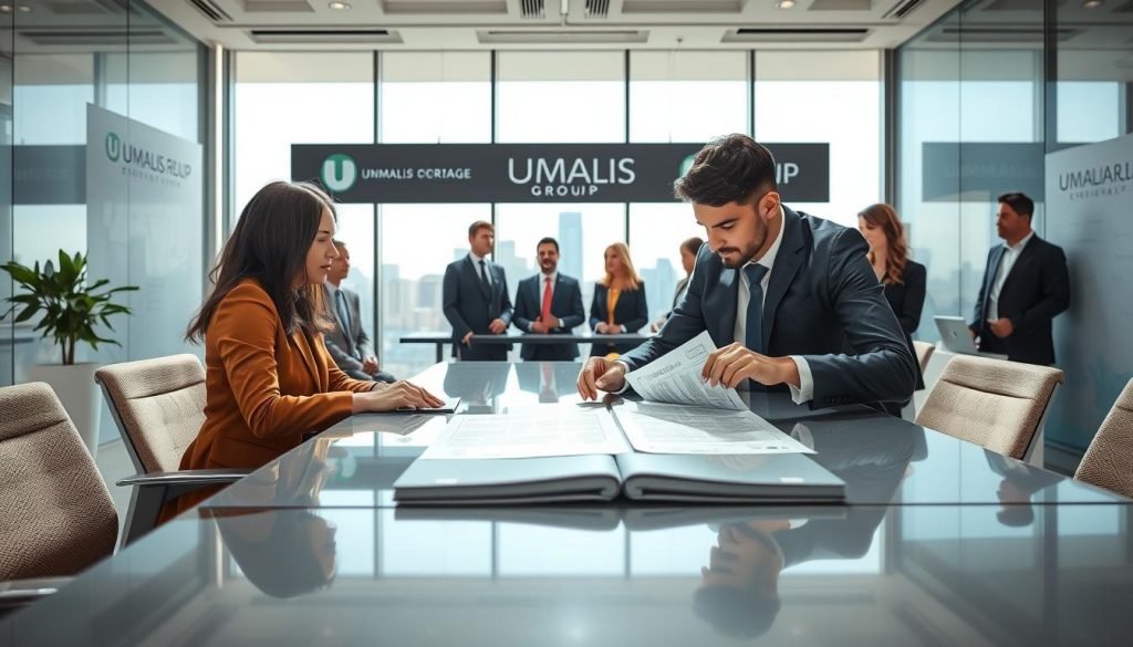 A professional office setting depicting a diverse group of individuals in formal business attire engaged in a discussion about premium portage salarial services provided by "UMALIS GROUP". In the foreground, two professionals (a woman and a man) are analyzing documents on a sleek conference table, illustrating the conditions and criteria for eligibility in a collaborative atmosphere. The middle ground shows a modern, light-filled office environment with large windows showcasing a city skyline, conveying a sense of success and opportunity. The background features subtle branding elements related to Umalis to reinforce the identity without overwhelming the scene. The lighting is bright and natural, creating an uplifting, optimistic mood that reflects professionalism and trustworthiness, captured from a slightly elevated angle to encompass the entire setting. A professional office setting depicting a diverse group of individuals in formal business attire engaged in a discussion about premium portage salarial services provided by "UMALIS GROUP". In the foreground, two professionals (a woman and a man) are analyzing documents on a sleek conference table, illustrating the conditions and criteria for eligibility in a collaborative atmosphere. The middle ground shows a modern, light-filled office environment with large windows showcasing a city skyline, conveying a sense of success and opportunity. The background features subtle branding elements related to Umalis to reinforce the identity without overwhelming the scene. The lighting is bright and natural, creating an uplifting, optimistic mood that reflects professionalism and trustworthiness, captured from a slightly elevated angle to encompass the entire setting.