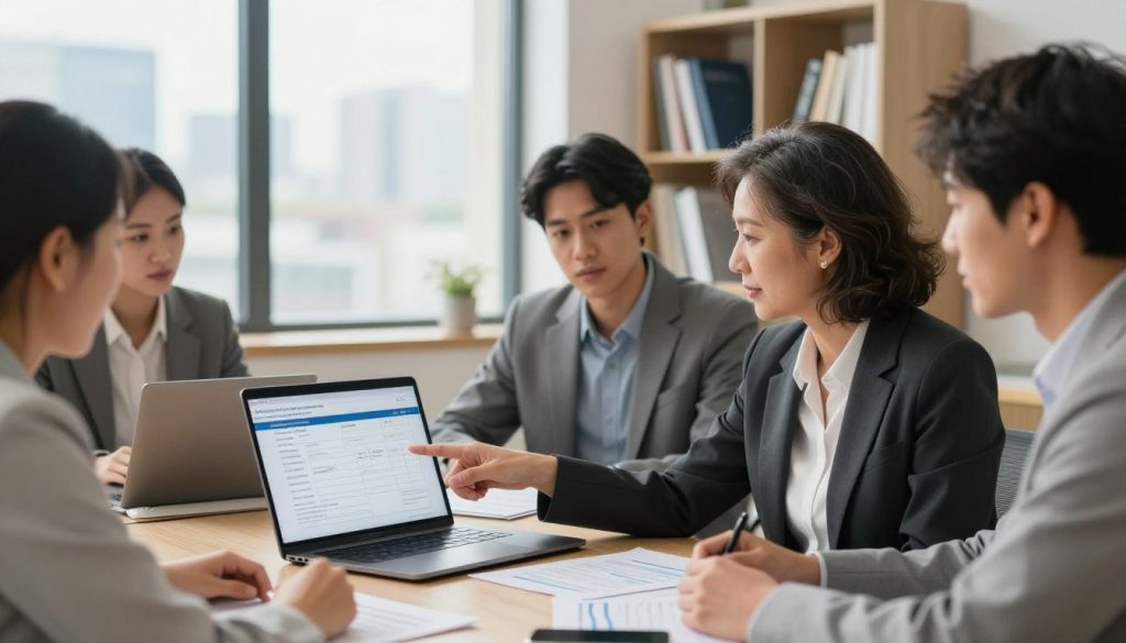A professional office setting showcasing a diverse team of business professionals engaged in a discussion about invoicing and payment issues related to portage salarial. In the foreground, a middle-aged woman in a smart business suit points at a laptop screen displaying a detailed invoice. Surrounding her, a younger man in a blazer and a woman in smart casual attire listen attentively, analyzing documents spread on the table. The middle background features a large window letting in natural light, with a city skyline visible outside, creating a bright and open atmosphere. Bookshelves filled with finance and business books provide context. The image should reflect a feeling of collaboration and problem-solving, with a focus on professionalism. Include the brand name "UMALIS GROUP" subtly integrated into the office decor. Soft lighting to enhance the inviting ambiance, shot at eye level for an engaging perspective. A professional office setting showcasing a diverse team of business professionals engaged in a discussion about invoicing and payment issues related to portage salarial. In the foreground, a middle-aged woman in a smart business suit points at a laptop screen displaying a detailed invoice. Surrounding her, a younger man in a blazer and a woman in smart casual attire listen attentively, analyzing documents spread on the table. The middle background features a large window letting in natural light, with a city skyline visible outside, creating a bright and open atmosphere. Bookshelves filled with finance and business books provide context. The image should reflect a feeling of collaboration and problem-solving, with a focus on professionalism. Include the brand name "UMALIS GROUP" subtly integrated into the office decor. Soft lighting to enhance the inviting ambiance, shot at eye level for an engaging perspective.