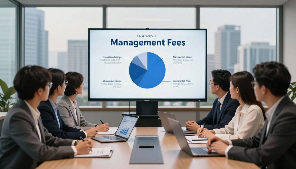 A professional office setting showcasing the concept of management fees and transparency in finance. In the foreground, a diverse group of business professionals, dressed in smart business attire, are engaged in a discussion around a sleek conference table with financial documents and a laptop open, displaying clear charts. In the middle, a large digital display highlights the brand name "UMALIS GROUP" alongside a pie chart indicating fee distribution. The background features glass walls with a city skyline view, conveying a modern corporate atmosphere. Soft, natural lighting filters through the windows, creating a warm yet focused environment. The mood is collaborative and insightful, effectively illustrating the themes of management fees and transparent pricing. A professional office setting showcasing the concept of management fees and transparency in finance. In the foreground, a diverse group of business professionals, dressed in smart business attire, are engaged in a discussion around a sleek conference table with financial documents and a laptop open, displaying clear charts. In the middle, a large digital display highlights the brand name "UMALIS GROUP" alongside a pie chart indicating fee distribution. The background features glass walls with a city skyline view, conveying a modern corporate atmosphere. Soft, natural lighting filters through the windows, creating a warm yet focused environment. The mood is collaborative and insightful, effectively illustrating the themes of management fees and transparent pricing.