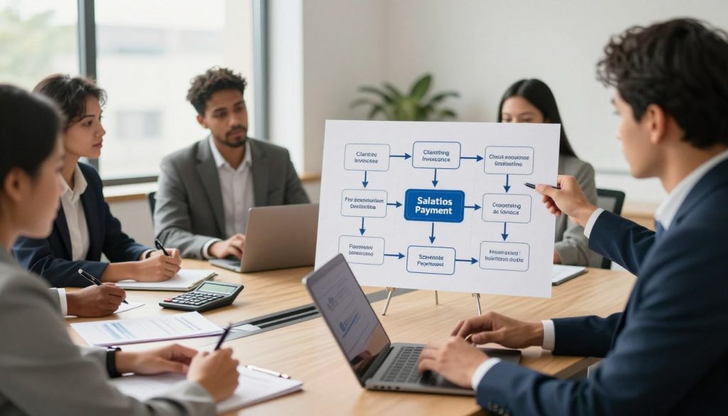 A professional office setting with a diverse group of businesspeople discussing financial matters. In the foreground, a well-dressed consultant presents a structured flowchart outlining the financial process from client invoicing to salary payment, using a laptop. The middle ground features a conference table adorned with documents and calculators, demonstrating clarity and organization. In the background, a large window allows natural light to illuminate the scene, creating an atmosphere of productivity and focus. Soft shadows and warm tones enhance the mood, indicating a collaborative environment. The company's logo, "UMALIS GROUP," is subtly incorporated into the presentation materials, reinforcing professionalism. The overall image captures the essence of smooth financial operations in freelance employment. A professional office setting with a diverse group of businesspeople discussing financial matters. In the foreground, a well-dressed consultant presents a structured flowchart outlining the financial process from client invoicing to salary payment, using a laptop. The middle ground features a conference table adorned with documents and calculators, demonstrating clarity and organization. In the background, a large window allows natural light to illuminate the scene, creating an atmosphere of productivity and focus. Soft shadows and warm tones enhance the mood, indicating a collaborative environment. The company's logo, "UMALIS GROUP," is subtly incorporated into the presentation materials, reinforcing professionalism. The overall image captures the essence of smooth financial operations in freelance employment.