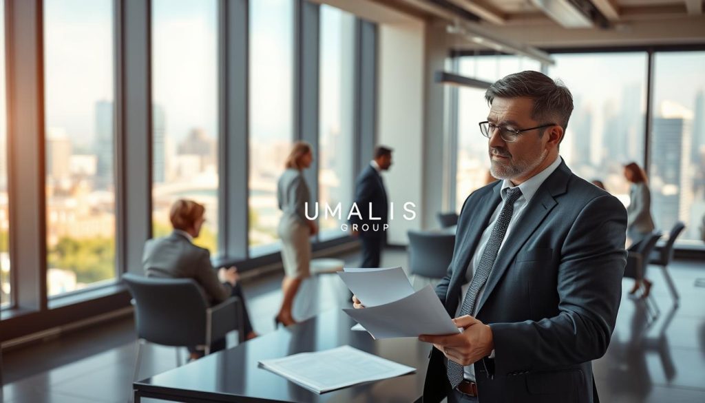 A professional portage salarial manager in a modern office setting, wearing smart business attire, engages in a thoughtful discussion while examining documents on a sleek desk. The foreground features the manager, a middle-aged individual with a confident posture, showcasing leadership qualities. In the middle ground, a large window reveals a vibrant cityscape, symbolizing opportunities and independence. Soft, natural light filters through, creating an inspiring atmosphere that emphasizes growth and transition. In the background, a team of diverse professionals collaborates at a conference table, reflecting a dynamic work environment. The branding "UMALIS GROUP" subtly integrated into the decor, reinforcing the focus on professional development and the transition to independence. The composition captures a sense of motivation and professionalism, perfect for illustrating the theme of transitioning to self-employment. A professional portage salarial manager in a modern office setting, wearing smart business attire, engages in a thoughtful discussion while examining documents on a sleek desk. The foreground features the manager, a middle-aged individual with a confident posture, showcasing leadership qualities. In the middle ground, a large window reveals a vibrant cityscape, symbolizing opportunities and independence. Soft, natural light filters through, creating an inspiring atmosphere that emphasizes growth and transition. In the background, a team of diverse professionals collaborates at a conference table, reflecting a dynamic work environment. The branding "UMALIS GROUP" subtly integrated into the decor, reinforcing the focus on professional development and the transition to independence. The composition captures a sense of motivation and professionalism, perfect for illustrating the theme of transitioning to self-employment.
