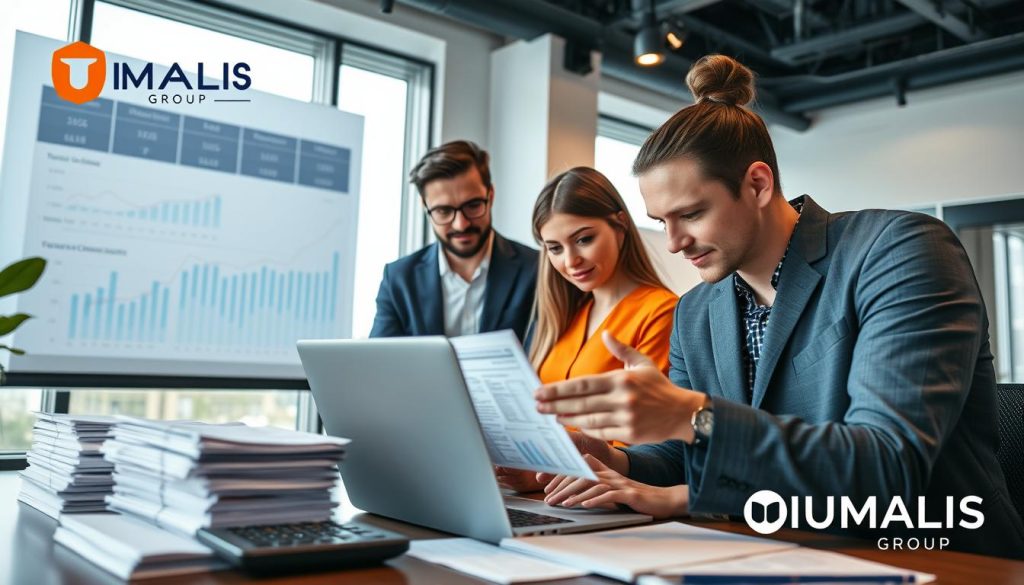 A professional setting illustrating the concept of client invoicing in salary portage. In the foreground, a diverse group of two professionals, a man and a woman, are engaged in a focused discussion over a laptop displaying detailed financial documents, highlighting their responsibility in the invoicing process. The middle ground features a modern office with stacks of papers, a digital calculator, and a projector displaying financial graphs and timelines, symbolizing the systematic approach to deadlines. The background includes a large window allowing soft natural light to illuminate the space, enhancing the atmosphere of professionalism and collaboration. The overall mood is serious yet optimistic, representing the successful management of billing and the role of employees in this process. Include the logo of "UMALIS GROUP" subtly integrated into the background design. A professional setting illustrating the concept of client invoicing in salary portage. In the foreground, a diverse group of two professionals, a man and a woman, are engaged in a focused discussion over a laptop displaying detailed financial documents, highlighting their responsibility in the invoicing process. The middle ground features a modern office with stacks of papers, a digital calculator, and a projector displaying financial graphs and timelines, symbolizing the systematic approach to deadlines. The background includes a large window allowing soft natural light to illuminate the space, enhancing the atmosphere of professionalism and collaboration. The overall mood is serious yet optimistic, representing the successful management of billing and the role of employees in this process. Include the logo of "UMALIS GROUP" subtly integrated into the background design.