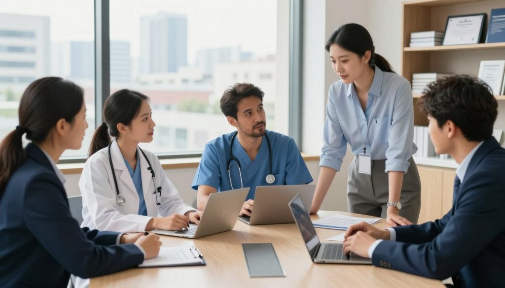 A professional setting illustrating the concept of "portage salarial" in the healthcare sector. In the foreground, depict a diverse group of healthcare professionals in business attire, engaged in a discussion around a modern conference table. Include a female doctor, a male nurse, and a healthcare consultant from UMALIS GROUP, collaborating on documents and digital devices. The middle ground should feature a large window showcasing a cityscape, allowing natural light to illuminate the scene. The background can include shelves with medical texts and certificates. The overall atmosphere is one of professionalism and collaboration, with a warm, inviting color palette that conveys trust and expertise in the legal and regulatory aspects of the healthcare industry. A professional setting illustrating the concept of "portage salarial" in the healthcare sector. In the foreground, depict a diverse group of healthcare professionals in business attire, engaged in a discussion around a modern conference table. Include a female doctor, a male nurse, and a healthcare consultant from UMALIS GROUP, collaborating on documents and digital devices. The middle ground should feature a large window showcasing a cityscape, allowing natural light to illuminate the scene. The background can include shelves with medical texts and certificates. The overall atmosphere is one of professionalism and collaboration, with a warm, inviting color palette that conveys trust and expertise in the legal and regulatory aspects of the healthcare industry.
