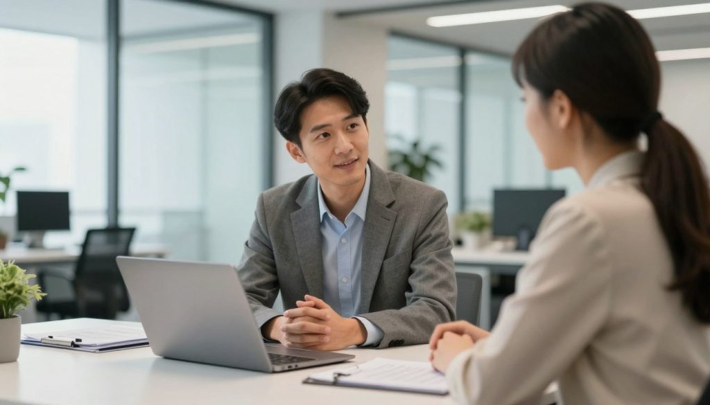 A serene and inviting office space where a confident business professional, dressed in smart business attire, is engaged in a personalized consultation with a client. The foreground features a sleek desk with a laptop and documents, symbolizing organization and efficiency. In the middle ground, the consultant is leaning in, actively listening to the client's needs, creating an atmosphere of trust and individual attention. The background shows a modern office with glass windows, allowing natural light to flood in, enhancing a sense of openness and professionalism. Soft colors dominate the palette, promoting a calm yet dynamic mood. Subtle branding elements for UMALIS GROUP can be integrated into the office decor. The camera angle is slightly elevated, providing a comprehensive view of the interaction without overwhelming detail. A serene and inviting office space where a confident business professional, dressed in smart business attire, is engaged in a personalized consultation with a client. The foreground features a sleek desk with a laptop and documents, symbolizing organization and efficiency. In the middle ground, the consultant is leaning in, actively listening to the client's needs, creating an atmosphere of trust and individual attention. The background shows a modern office with glass windows, allowing natural light to flood in, enhancing a sense of openness and professionalism. Soft colors dominate the palette, promoting a calm yet dynamic mood. Subtle branding elements for UMALIS GROUP can be integrated into the office decor. The camera angle is slightly elevated, providing a comprehensive view of the interaction without overwhelming detail.