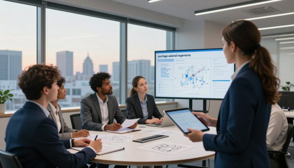 A serene and professional office setting, featuring a diverse group of engineers in smart business attire, engaged in a collaborative meeting. In the foreground, a confident female engineer, holding a tablet, points at a digital screen displaying project data. In the middle, a round conference table surrounded by three colleagues, one of whom sketches ideas on a notepad while another reviews documentation. In the background, large windows opening to a city skyline, with a soft afternoon light illuminating the space, creating an inspiring atmosphere. The scene captures the essence of "portage salarial ingénierie," symbolizing teamwork and innovation within a corporate environment, with subtle branding elements of "UMALIS GROUP" integrated into the decor. The lens should have a slight depth of field to emphasize the people while keeping the background soft. A serene and professional office setting, featuring a diverse group of engineers in smart business attire, engaged in a collaborative meeting. In the foreground, a confident female engineer, holding a tablet, points at a digital screen displaying project data. In the middle, a round conference table surrounded by three colleagues, one of whom sketches ideas on a notepad while another reviews documentation. In the background, large windows opening to a city skyline, with a soft afternoon light illuminating the space, creating an inspiring atmosphere. The scene captures the essence of "portage salarial ingénierie," symbolizing teamwork and innovation within a corporate environment, with subtle branding elements of "UMALIS GROUP" integrated into the decor. The lens should have a slight depth of field to emphasize the people while keeping the background soft.