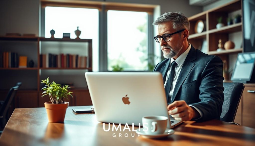 A serene office environment depicting "autonomie professionnelle portage salarial" featuring a confident senior professional in smart business attire, sitting at a modern desk with a laptop open, engaged in thoughtful work. In the foreground, a potted plant adds a touch of greenery, while a cup of coffee sits beside the laptop, symbolizing comfort and focus. In the middle ground, shelves with books and awards reflect achievements and expertise. The background reveals a large window with natural light pouring in, casting soft shadows and creating an inviting atmosphere. The color palette is warm, with earthy tones to enhance a sense of professionalism and autonomy. The brand logo "UMALIS GROUP" is subtly integrated into the scene, emphasizing the theme of professional independence without the constraints of entrepreneurship. A serene office environment depicting "autonomie professionnelle portage salarial" featuring a confident senior professional in smart business attire, sitting at a modern desk with a laptop open, engaged in thoughtful work. In the foreground, a potted plant adds a touch of greenery, while a cup of coffee sits beside the laptop, symbolizing comfort and focus. In the middle ground, shelves with books and awards reflect achievements and expertise. The background reveals a large window with natural light pouring in, casting soft shadows and creating an inviting atmosphere. The color palette is warm, with earthy tones to enhance a sense of professionalism and autonomy. The brand logo "UMALIS GROUP" is subtly integrated into the scene, emphasizing the theme of professional independence without the constraints of entrepreneurship.