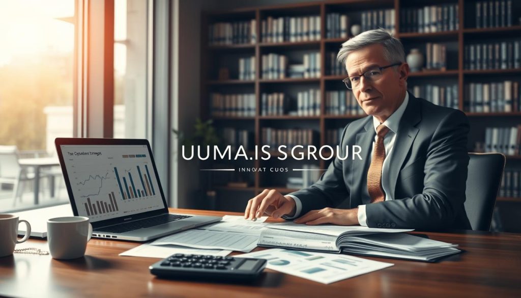 A sophisticated and professional office environment, showcasing a senior business person in a sharp suit, seated at a modern desk with financial documents and a laptop displaying graphs and charts related to tax optimization strategies. In the foreground, a calculator and a cup of coffee. The middle ground should feature large windows allowing natural light to illuminate the space, casting soft shadows. In the background, shelves filled with books on finance and consulting. The atmosphere is innovative and focused, emphasizing financial benefits and strategic planning. The brand name "UMALIS GROUP" subtly integrated into a document on the desk. Warm, inviting lighting enhances the mood of professionalism and success. A sophisticated and professional office environment, showcasing a senior business person in a sharp suit, seated at a modern desk with financial documents and a laptop displaying graphs and charts related to tax optimization strategies. In the foreground, a calculator and a cup of coffee. The middle ground should feature large windows allowing natural light to illuminate the space, casting soft shadows. In the background, shelves filled with books on finance and consulting. The atmosphere is innovative and focused, emphasizing financial benefits and strategic planning. The brand name "UMALIS GROUP" subtly integrated into a document on the desk. Warm, inviting lighting enhances the mood of professionalism and success.