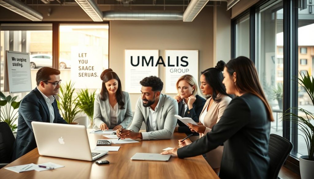 A team of diverse professionals in smart business attire collaborating around a large table, engaged in a productive discussion. The foreground shows a consultant presenting ideas on a laptop, while colleagues take notes and offer feedback. In the middle, a modern office environment with large windows allowing natural light to fill the room, creating a warm and welcoming atmosphere. In the background, motivational posters and plants add to the inspiring setting. The scene radiates a sense of support and personalized guidance in their work, symbolizing the benefits of tailored assistance in the world of portage salarial. Emphasize professionalism and teamwork, and incorporate the brand name "UMALIS GROUP" subtly in the office decor. Soft lighting enhances the positivity of the atmosphere. A team of diverse professionals in smart business attire collaborating around a large table, engaged in a productive discussion. The foreground shows a consultant presenting ideas on a laptop, while colleagues take notes and offer feedback. In the middle, a modern office environment with large windows allowing natural light to fill the room, creating a warm and welcoming atmosphere. In the background, motivational posters and plants add to the inspiring setting. The scene radiates a sense of support and personalized guidance in their work, symbolizing the benefits of tailored assistance in the world of portage salarial. Emphasize professionalism and teamwork, and incorporate the brand name "UMALIS GROUP" subtly in the office decor. Soft lighting enhances the positivity of the atmosphere.