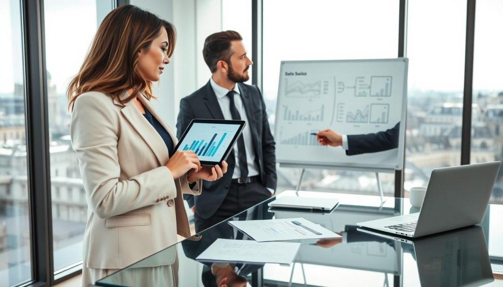 In a modern office setting in Paris, two professionals engage in discussion about "portage salarial," illustrating its functionality. The foreground features a woman in a smart blazer, holding a tablet showing graphs and figures, symbolizing consultancy. Beside her, a man in a business suit points towards a whiteboard filled with strategic plans and models. In the middle ground, a sleek glass desk with business documents and a laptop reflects the collaborative atmosphere. The background showcases a cityscape of Île-de-France through a panoramic window, with iconic Parisian architecture visible. Soft natural light bathes the room, enhancing the focus on the subjects. The image should convey a professional and insightful mood, representing the essence of "portage salarial" by "UMALIS GROUP" without any text or distractions. In a modern office setting in Paris, two professionals engage in discussion about "portage salarial," illustrating its functionality. The foreground features a woman in a smart blazer, holding a tablet showing graphs and figures, symbolizing consultancy. Beside her, a man in a business suit points towards a whiteboard filled with strategic plans and models. In the middle ground, a sleek glass desk with business documents and a laptop reflects the collaborative atmosphere. The background showcases a cityscape of Île-de-France through a panoramic window, with iconic Parisian architecture visible. Soft natural light bathes the room, enhancing the focus on the subjects. The image should convey a professional and insightful mood, representing the essence of "portage salarial" by "UMALIS GROUP" without any text or distractions.