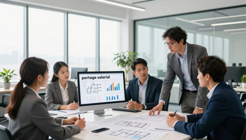 Professional engineer in a modern office setting, analyzing complex project data on a sleek computer, surrounded by architectural blueprints and diagrams, representing the concept of "portage salarial." In the foreground, a diverse group of engineers in business attire engages in a collaborative discussion, showcasing teamwork and professionalism. In the middle ground, large windows let in bright, natural light illuminating the room. The background shows a sophisticated office design with plants, glass partitions, and minimalistic furniture. The atmosphere conveys productivity and innovation, focusing on the practical workings of portage salarial in an engineering firm. The Umalis Group logo subtly integrated into the environment, enhancing the theme without distraction. Professional engineer in a modern office setting, analyzing complex project data on a sleek computer, surrounded by architectural blueprints and diagrams, representing the concept of "portage salarial." In the foreground, a diverse group of engineers in business attire engages in a collaborative discussion, showcasing teamwork and professionalism. In the middle ground, large windows let in bright, natural light illuminating the room. The background shows a sophisticated office design with plants, glass partitions, and minimalistic furniture. The atmosphere conveys productivity and innovation, focusing on the practical workings of portage salarial in an engineering firm. The Umalis Group logo subtly integrated into the environment, enhancing the theme without distraction.